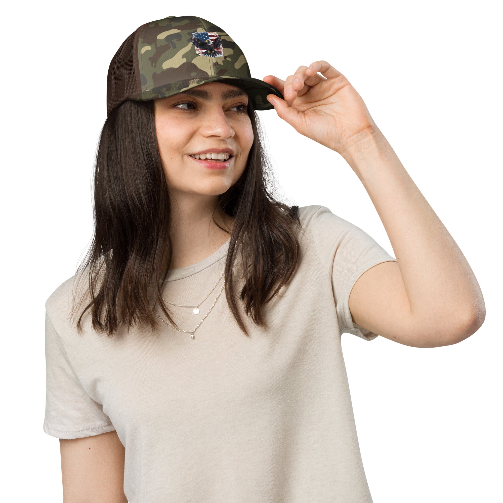 Camouflage Trucker Hat - Embroidered USA Flag with Eagle