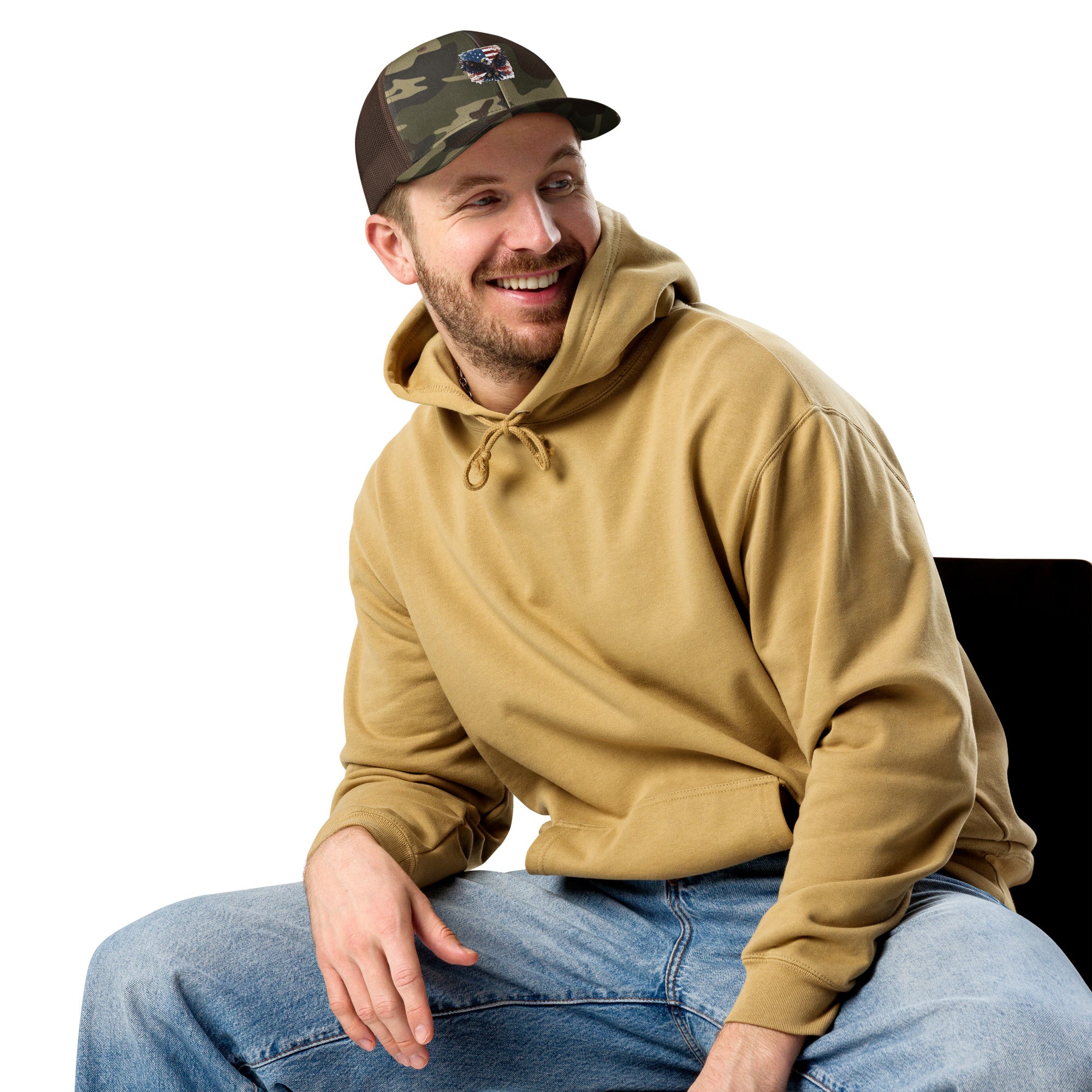 Camouflage Trucker Hat - Embroidered USA Flag with Eagle