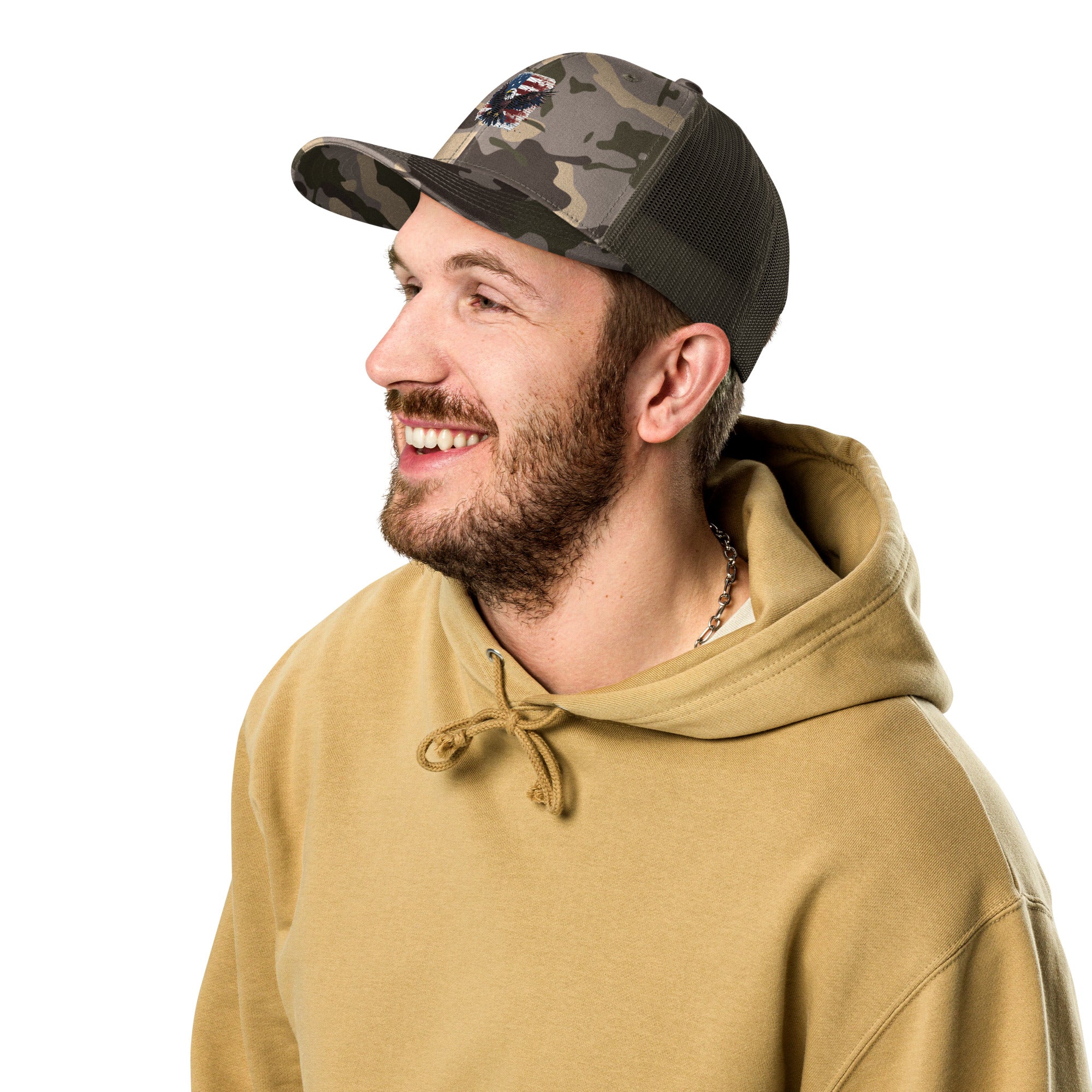 Camouflage Trucker Hat - Embroidered USA Flag with Eagle